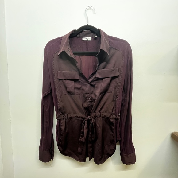 New York & Company Purple Mixed Media Roll Tab Blouse - Picture 4 of 5